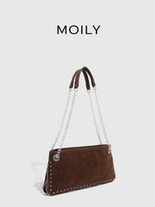 Solid Color Minimalist Luxury Velvet Fabric Fashion Cute Elegant Shoulder Bag, Rivet Decor Square Shape Party Handbag For Women - Brown - View 2