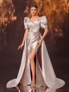 YISIKADO Satiniertes plissiertes Ballkleid Abendkleid Damen Abendrobe mit Schlitz am Oberschenkel, Strass, Rückenschleife, Puffärmeln, Herzausschnitt für Hochzeitsgäste, Geburtstag, Bankett, Abschlussfeier, Jubiläum, Feierlichkeit, Abendkleid, Hochzeitsgast-Kleid, Abendkleid, Formell - Altrosa - Übersicht 3