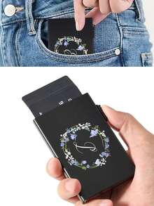1pc A-Z Letters Print Credit Card Holder Wallet Women RFID Blocking Thin Slim Automatic Pop-Up Card Holder Metal Aluminum AlloyMinimalist Wallet Small Purse Metal Wallet Rfid Anti-Theft ID Credit Card Holder Minimalist Carte Aluminium Metal Wallets Pocket Case Bank Women Men Cardholder Box - Black - View 8