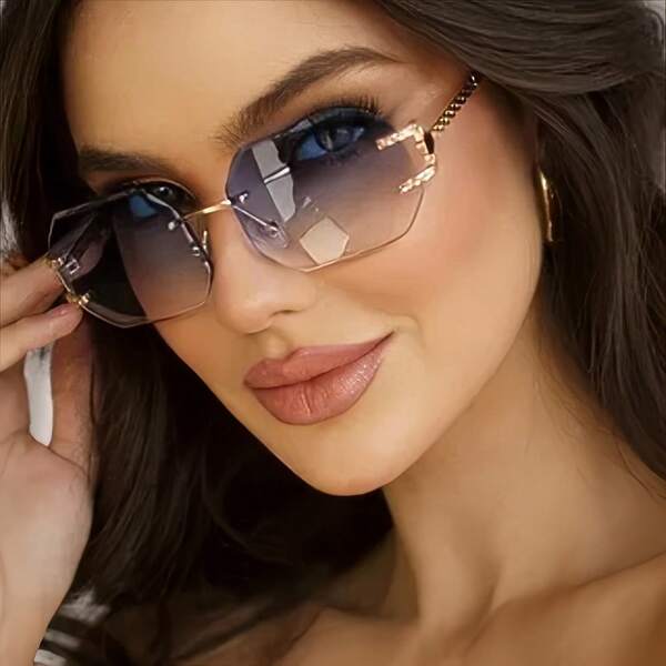 Stylish Oversized Gradient Fashion Sunglasses For Women Polygonal Frameless Fashion Sunglasses For Summer Beach Vacation,Outdoor,Travel