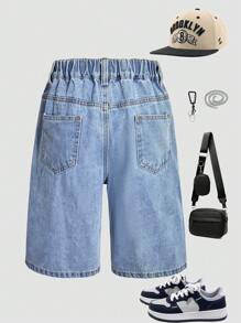 Tween Boys Distressed Pocket Casual Denim Shorts, Suitable For Summer