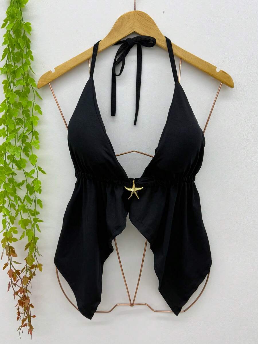 Boho Chic Fashion Cropped Top With Curtains - Launch 2025 - 黑色 - 查看 1