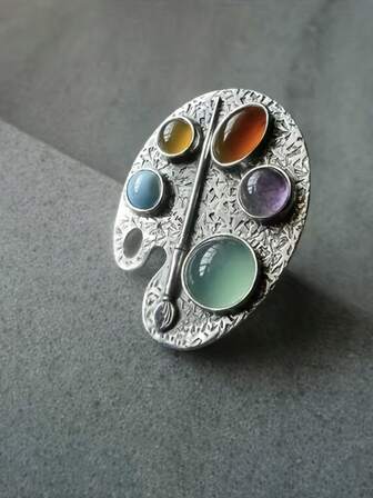 Anillo vintage con diseño asimétrico en forma de paleta, incrustado con gemas sintéticas coloridas, adecuado para compromiso, boda y uso diario de mujeres