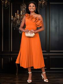 1pc Asymmetric Neckline Frill Trim Pleated Dress - Orange - View 8