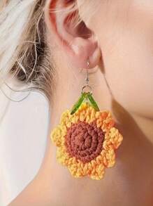 1 Par de Brincos Minimalistas Tricotados com Flor, Girassol e Folha Verde, Design Criativo para Mulheres, Uso Casual