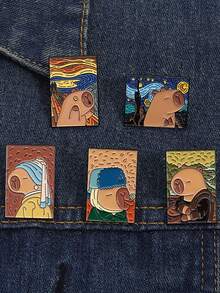 5Pcs Creative Capybara Van Gogh Oil Painting Enamel Pins Backpack Clothes Lapel Badge Cartoon Animal Accessories Gift For Friends