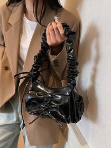 女士褶皱云蝴蝶结马鞍包，时尚优雅可爱单肩包，黑色 - 黑色 - 查看 4