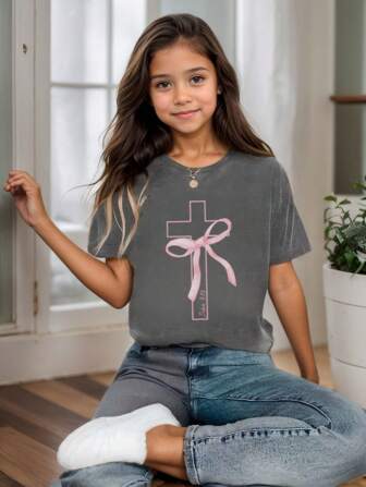 1pc Girls Casual Printed Round Neck Short Sleeve T-Shirt, Summer Student Youth Artistic Tee Inspiring Imagination & Self-Expression