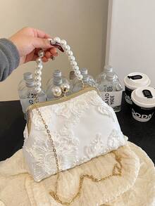 1 件 2025 春夏白色浪漫婚礼季节艺术压花花卉手拿包高端珍珠手提包奢华晚礼服派对新娘钱包，适合婚礼、鸡尾酒会 - 白色 - 查看 3