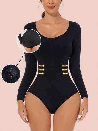 Svart sömlös shapewear-body för kvinnor, magkontroll och rumplyftning, långärmad