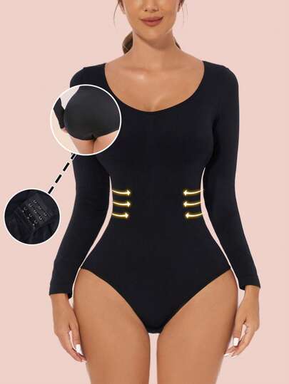 Women's Black Bodysuit Shapewear Tummy Control Butt Lift Seamless Bodysuit Long Sleeve