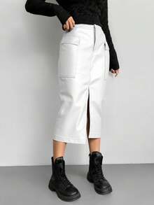 Falda Ajustada Asimétrica Con Textura Metálica Para Mujer - Plateado - Ver 3