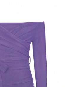 Váy hở vai màu trơn dài tay gợi cảm thắt eo cho nữ, mùa hè - Màu tím - Xem 5