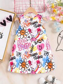 年轻女孩休闲时尚可爱户外百搭街头 Y2K 涂鸦风格心形花卉彩虹字母图案圆领无袖连衣裙，适合日常通勤、学校、社交聚会、度假、春夏秋