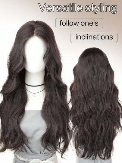 24-Inch Long Wavy 13x4 Lace Front Wig, Black Brown Color Synthetic Lace Front Wig, Heat Resistant Fiber Hair Smooth Straight Wigs, Suitable For Female Cosplay, Party, Natural Daily Hairstyle