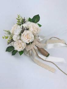 Bride And Bridesmaid Wedding Bouquet, White & Champagne Artificial Rose Wedding Decoration, Artificial Rose Wedding Bouquet, Bridal Bouquet, Bridesmaid Bouquet, Wedding Centerpiece Floral Arrangement, Party Home Decor Gift, Birthday Graduation