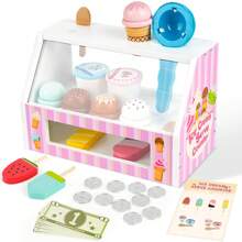 Dreamon Heladería infantil, accesorios de tienda de 38 piezas, juguetes Montessori, juguetes de madera para helados con monedas, regalos de juego de rol para niños y niñas a partir de 3 años.