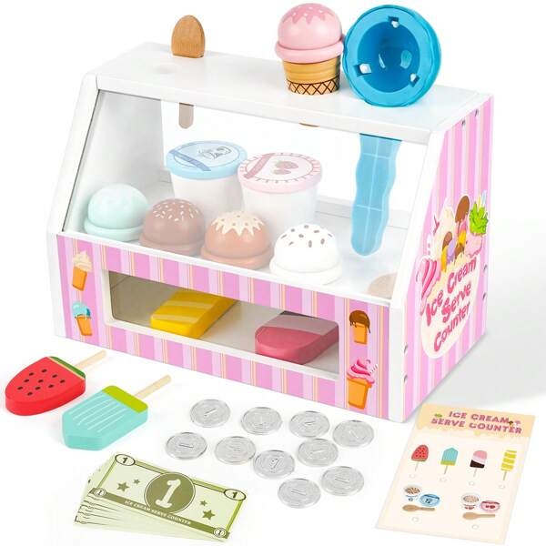 Dreamon Kinder-Eisdiele, 38-teiliges Ladenzubehör, Montessori-Spielzeug, Eiscreme-Holzspielzeug mit Spielmünzen, Eisdiele-Kinder-Rollenspielgeschenke für Jungen und Mädchen ab 3 Jahren
