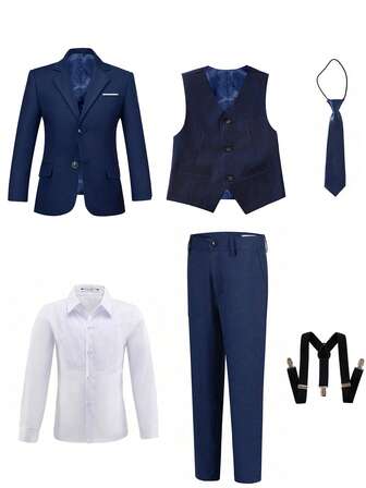 Traje de 6 piezas para niños, conjunto de esmoquin para niño pequeño, atuendo de portador de anillos para boda, blazer, chaleco, pantalones, camisa, corbata, tirantes, traje formal para niños, azul marino, tallas 4-16 años