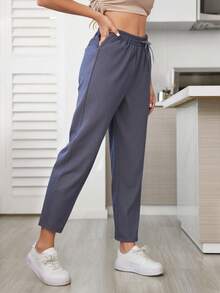 Pantalón de pierna recta para mujer, diseño sexy, elegante y casual, tela de poliéster y spandex, apto para temporadas de primavera y verano, ajuste de cintura natural con resorte y cordón, bolsillos funcionales. Suave, fresco y ligero. - Gris Claro - Ver 4