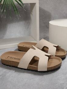 Sandalias planas de mujer cómodas y de tacón abierto para vacaciones de verano, color beige, para looks de playa - Beis - Ver 7