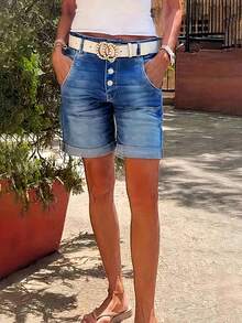 Women's Solid Color Rolled Hem Fitted Elegant Buttoned Front 5-Inch Denim Shorts, Summer