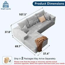 LUCKHAO107" Modular Sectional Sofa With Left/Right Chaise, Modern L-Shaped Cloud Couch With Deep Seat, Comfy Corduroy 3-Seater Sofa, Sponge Compression Cushions For Living Room, No Assembly Required - 灰-左向躺椅 - 查看 2