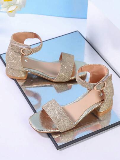 1 Paar Mädchen Gold glitzernde offene Zehenprinzessinnen Sandalen, modisch vielseitig