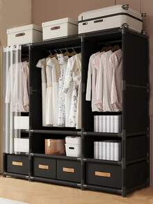 Wardrobe Floor-To-Ceiling Bedroom Living Room Cabinet Household Durable Hanging Clothes Shelf Easy Assembly Storage Furniture - 黑色 - 查看 11