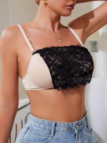 1 pieza Top sin tirantes de encaje sin rebote, cubrimiento de pecho sin costuras para mujer