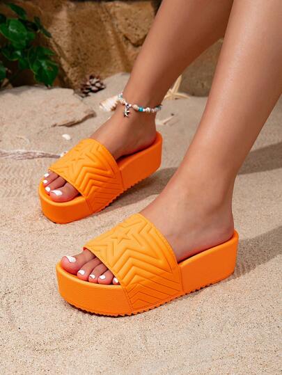 Women's Star Pattern Design Open Toe Platform Slide Sandals, Minimalist Thick Sole Comfortable Summer Beach Slippers