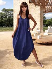 Vestido Midi Holgado de Escote en V con Tirantes - Azul Marino - Ver 3