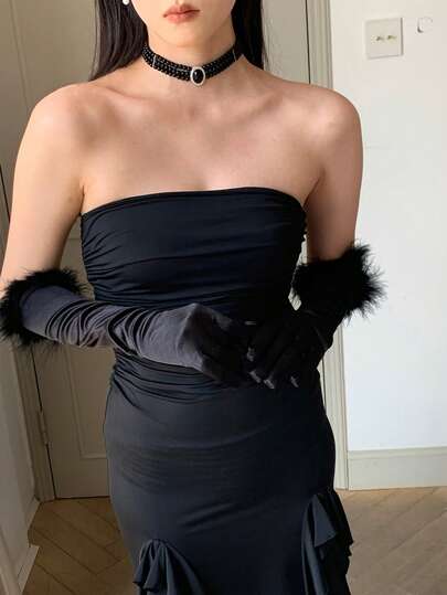 Women's Black Elegant Vintage Bridal Satin Gloves With Faux Fur Cuff, High-End Long Sleeve Sleeves For Photography, Evening Party, New Style Fall Clothes For Women