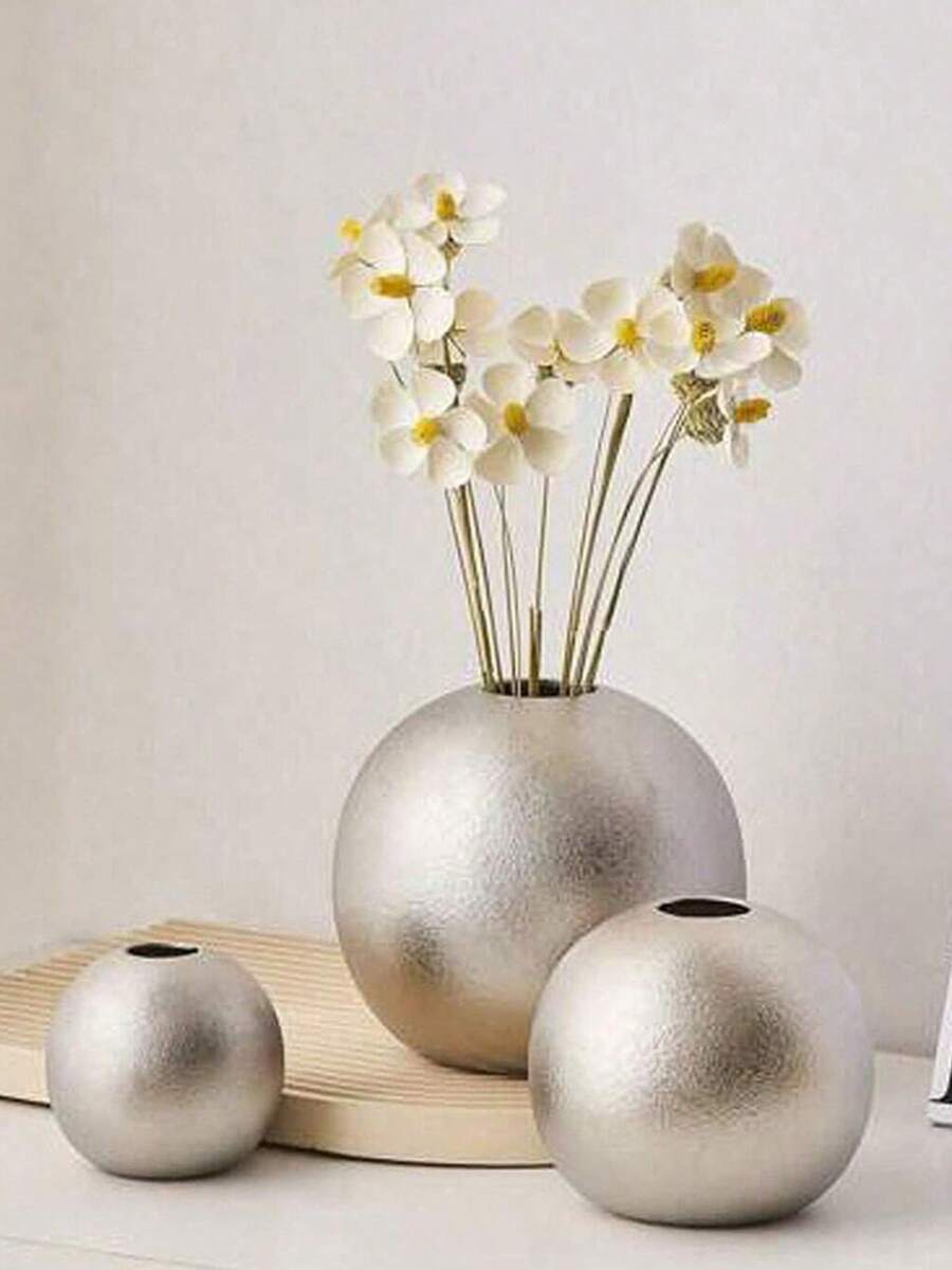 1pc/3pcs Nordic Style Round Vase, Modern Minimalist Round Vase Decor, Round Vase For Dried Flowers Tabletop Decoration, Home Entryway Floral Arrangement - Silver - View 1