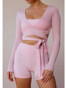 Ballet Wrap Tops For Women Pilates Workout Yoga Dance Long Sleeve Cross Wrap Top Y2k V Neck Slim Fitted Self Tie T-Shirts Tops - Hồng - Xem 1