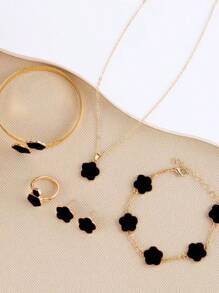 5 pièces/set Bijoux mode avec ensemble de bracelet, collier, boucles d'oreilles, bracelet et bague trèfle à quatre feuilles. Cadeau d'anniversaire haut de gamme