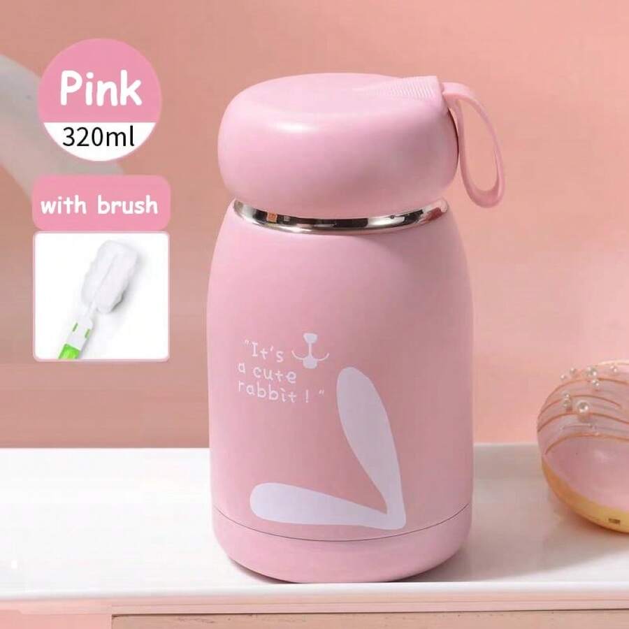 Bình nước cách nhiệt chân không màu hồng dễ thương 320ml, tặng kèm chổi vệ sinh, cốc giữ nhiệt bằng thép không gỉ di động cho bé gái/trẻ em, bình nước tái sử dụng dùng tại nhà/văn phòng/trường học, quà tặng ngày lễ/giáng sinh/sinh nhật/lễ tạ ơn/năm mới khi trở lại trường