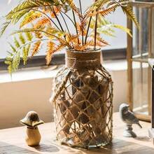 Jarrón de vidrio con estilo vintage tejido en red, jarrón transparente de vidrio para flores hidropónicas hecho a mano de forma creativa, para granja, boda, fiesta y decoración del hogar