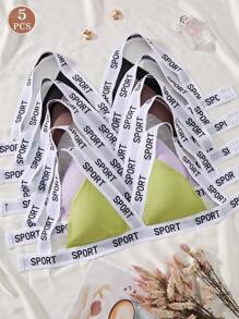 Set de 5 sujetadores deportivos de apoyo medio, con letras estampadas, de tela de costilla, cómodos y de moda casual para mujeres
