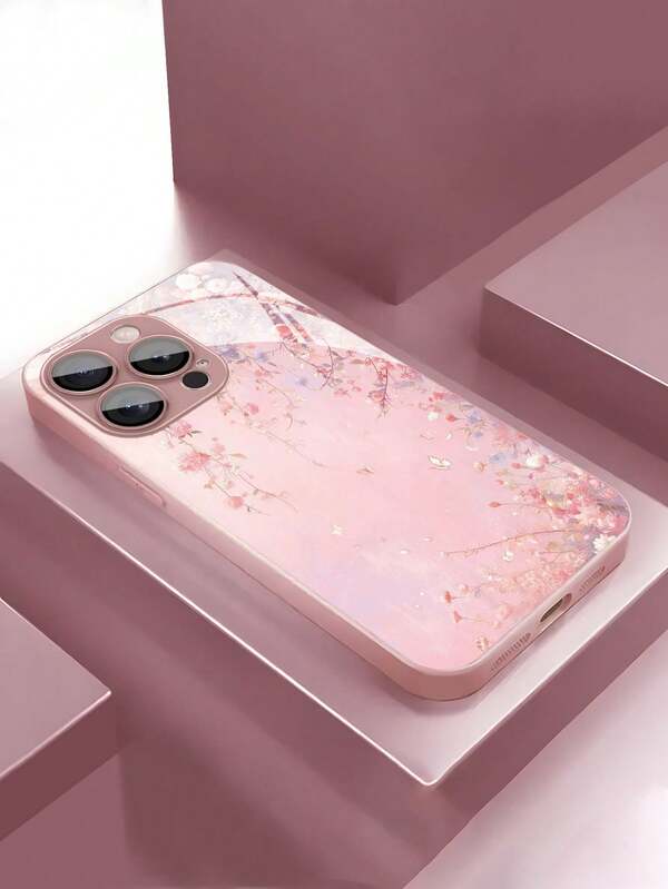 1 pieza Funda de teléfono de vidrio templado de alta definición con diseño minimalista de flores rosas y mariposas, compatible con Apple 17 Pro Max/17 Air/16 Pro Max/15/14 Plus/13/12/11/XR/8P y Galaxy S25/S24/S23 Ultra/S22/S20/Note20/Note10/A56/A53/A34/A14/A11/A05/A03S