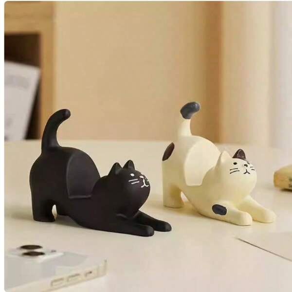 1/2pcs Cute Cat Desk Phone Stand, Macaron Color Mini Chair Phone Holder, Ergonomic Design, ABS Material With Non-Slip Pad, Multi-Function Desktop Decor, Suitable For Online Classes, Live Streaming, Hands-Free, Black & White Cat Extendable Design, Home Decor