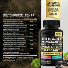 Shilajit 8 en 1 para hombres con ashwaganda, suplemento orgánico del Himalaya con rhodiola rosea, ginseng, cúrcuma y extracto de hongos. Favorece el sistema inmunitario, proporciona energía, calma, concentración, claridad, sueño y cortisol.