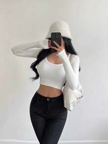Women's Long Sleeve T-Shirt Ribbed Fabric S M L - White - View 3