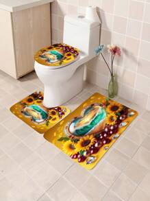 1 peça/4 peças Conjunto de Cortina de Chuveiro com Cenário de Praia Refrescante e Floral, Cria uma Atmosfera Romântica para o Banheiro, Cortina Impressa com 12 Ganchos, Tapete de Banheiro, Tapete em Forma de U para Vaso Sanitário, Tampa de Assento do Vaso Sanitário, Divisória de Banheiro, Acessórios de Banheiro, Decoração de Banheiro