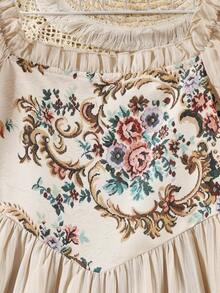 春夏优雅女孩玫瑰花朵印花泡泡袖方领休闲连衣裙 - 杏色 - 查看 4