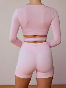 Ballet Wrap Tops For Women Pilates Workout Yoga Dance Long Sleeve Cross Wrap Top Y2k V Neck Slim Fitted Self Tie T-Shirts Tops - Hồng - Xem 5