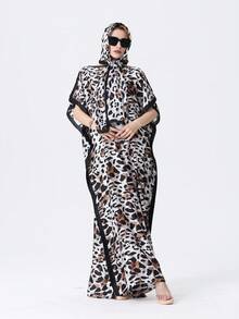 1pc Style Printed Robe With Headscarf For Women, Casual Vacation Robe - Multicolor - View 15