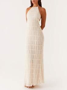 Women's Backless Smocked Maxi Dress Sexy Spaghetti Strap Cut Out Flowy Beach Long Dress Vacation Casual Sundresses Ivory White - Màu be - Xem 4