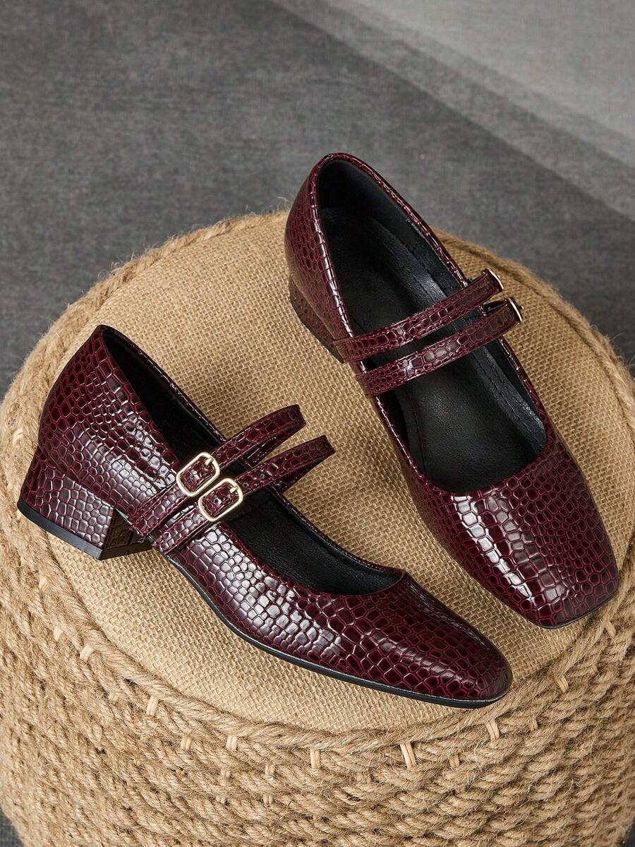 MonaNise 女士 3 厘米粗跟时尚海军蓝、金属酒红色、黑色玛丽珍平底鞋 - 酒紅色 - 查看 1