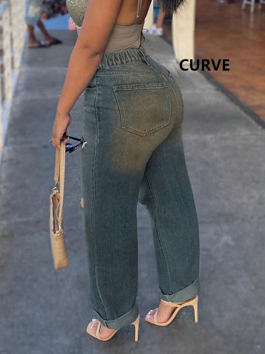 Cross-Border New Daily Basic European And American Style Street Sports And Leisure Women's Ripped Street Fashion Straight Plus Size Jeans - Medium Wash - View 1